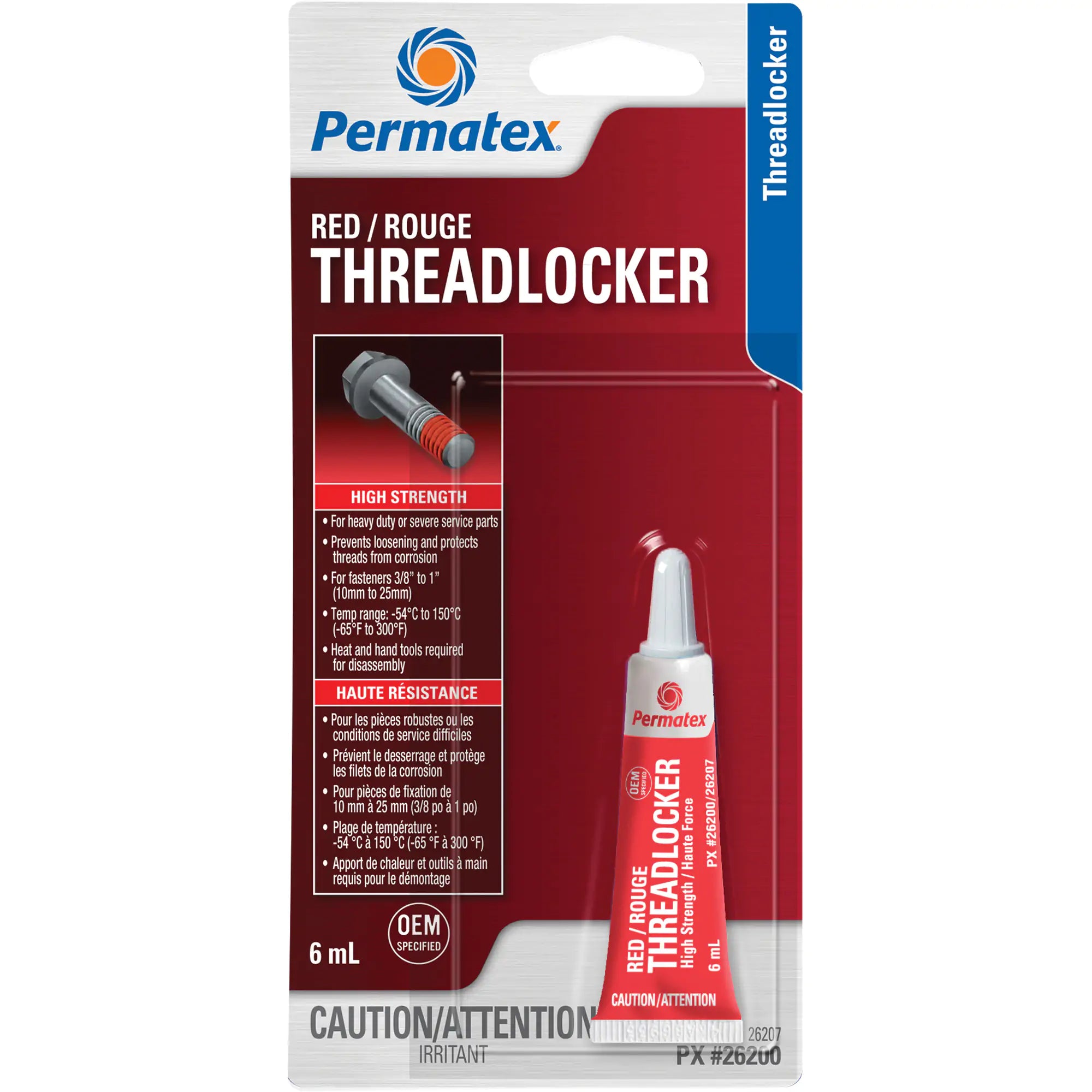 Permanent Strength Threadlocker, Red, High, 6 ml, Tube Each