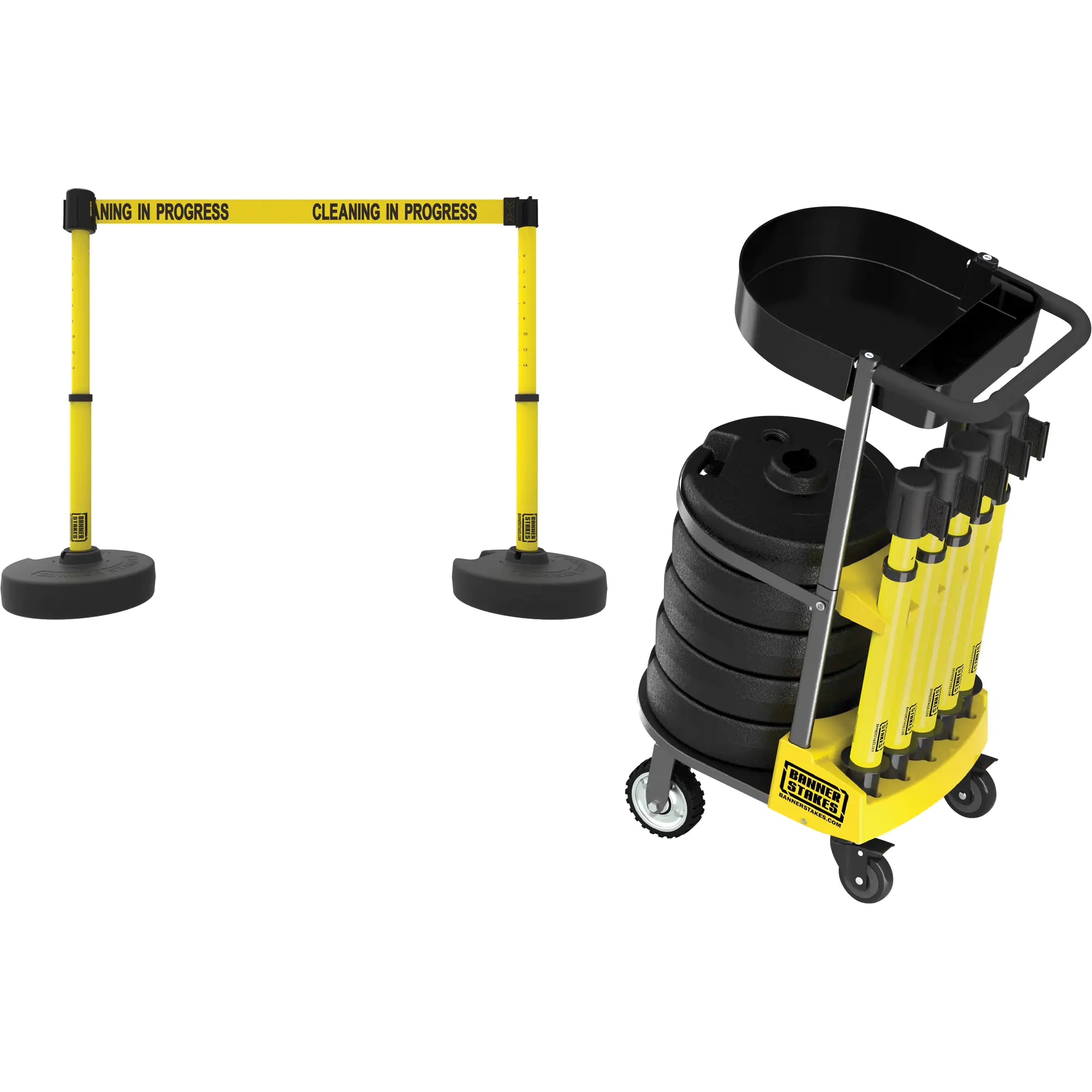 PLUS Barrier Post Cart Kit with Tray, 75' L, Metal, Yellow Each