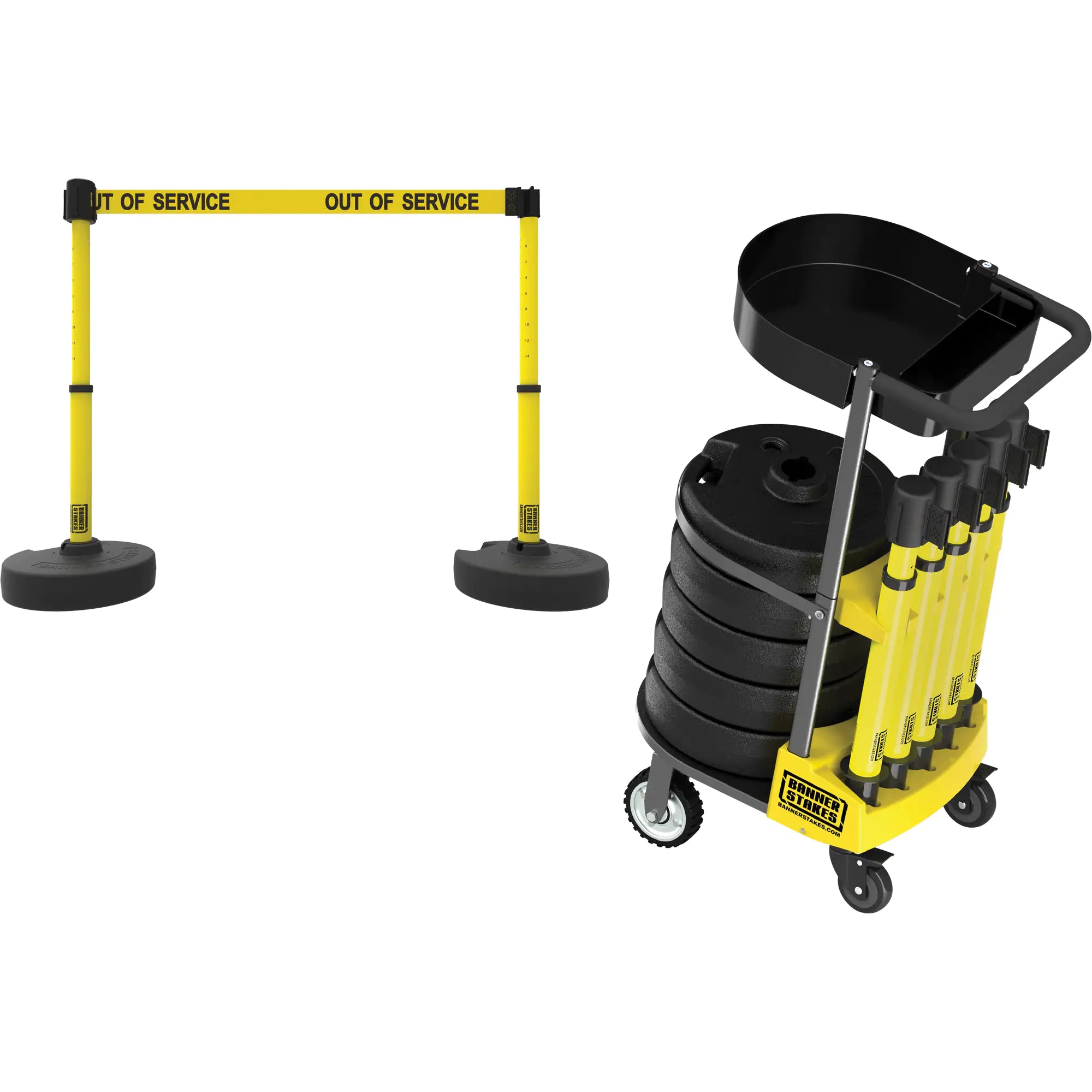 PLUS Barrier Post Cart Kit with Tray, 75' L, Metal, Yellow Each