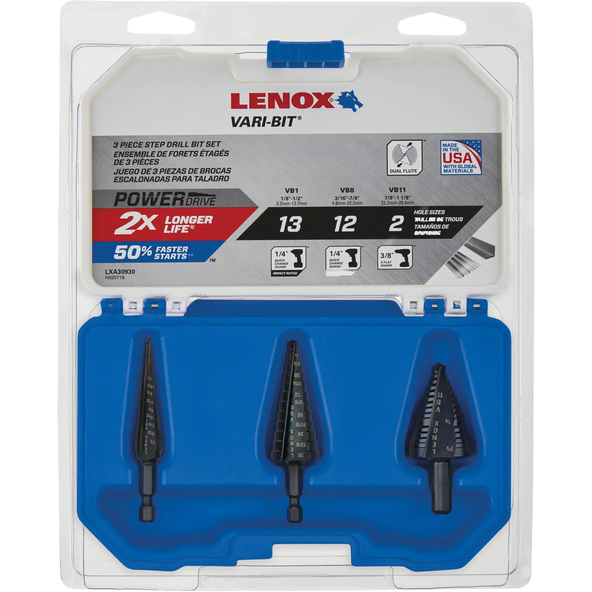 Step Drill Bit Set, 3 Pieces, High Speed Steel Each